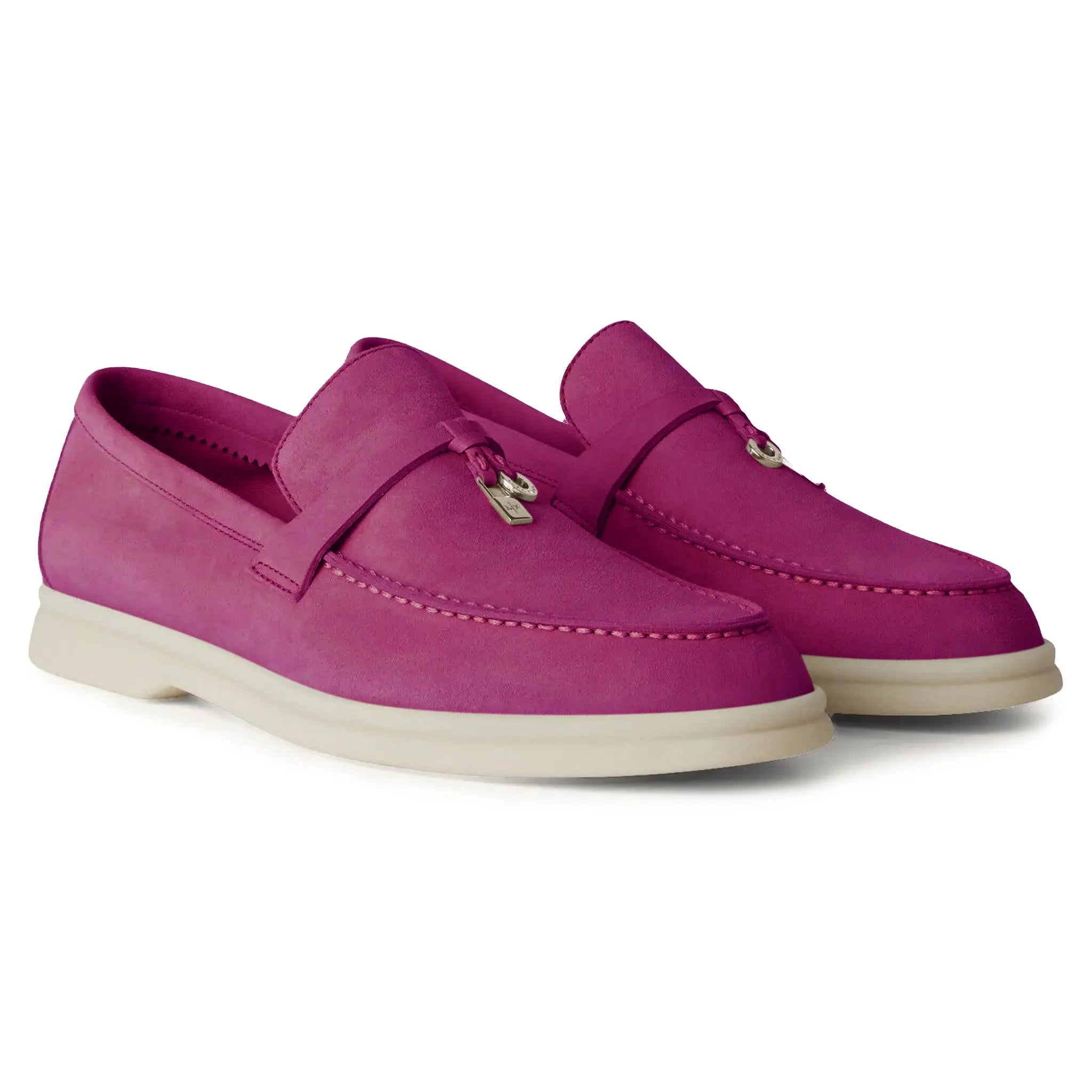 Front Side View of Loro Piana Summer Charms Suede Purple Daisy Loafers FAE5444_K01P